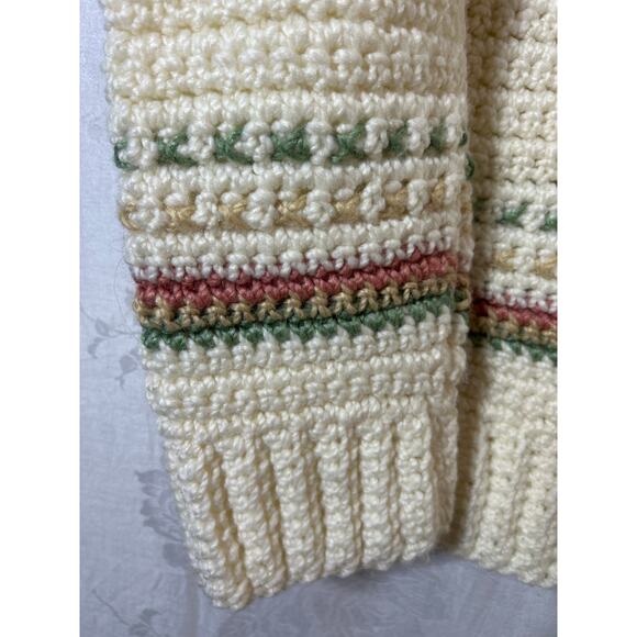 Handmade Sweater Knit Large Cream Mauve Green Striped Cozy Ski Long High Neck - Picture 2 of 8